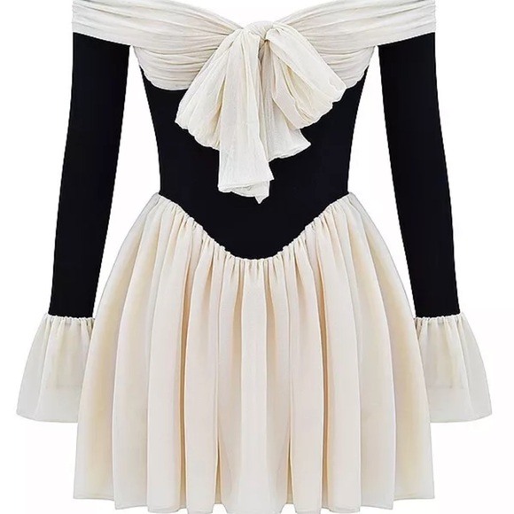 House of CB Black and Cream Strapless Off-Shoulder Alana Dress - Picture 3 of 7